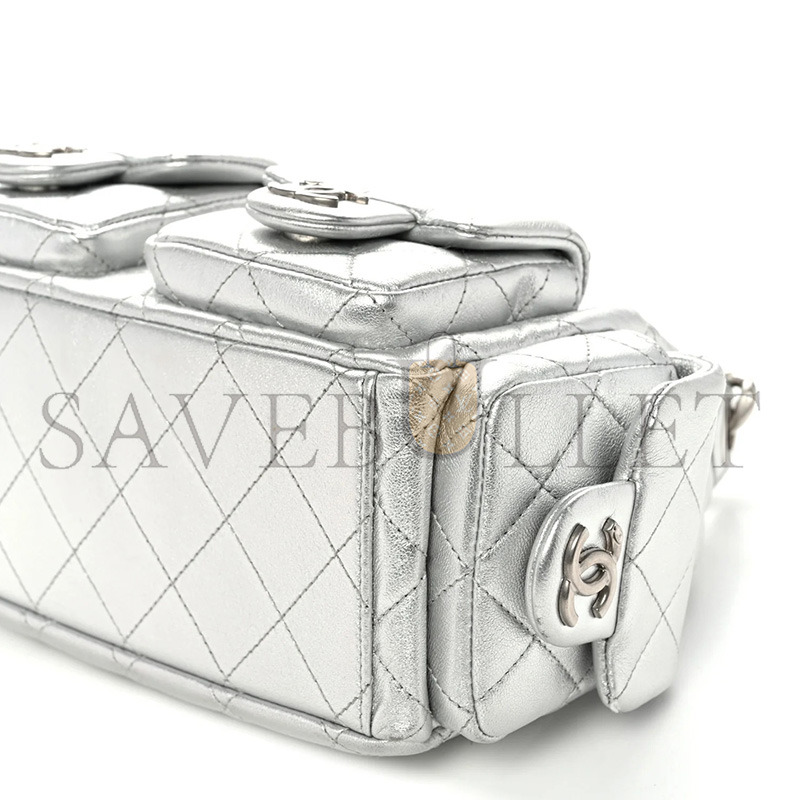 Ch**el MASTER METALLIC LAMBSKIN QUILTED TRENDY POCKETS HOBO SILVER (35*27*18cm)